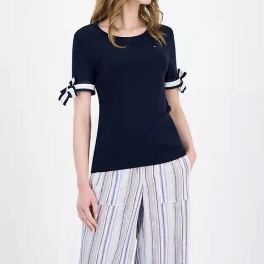 Tommy Hilfiger Women's 100% Cotton Navy Tee with Striped Bow Sleeves, size M - Picture 2 of 16
